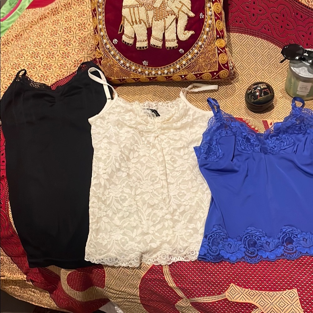 Set of Black, Cream, and Blue Lace and lace trim Fitted Camisole Tops
